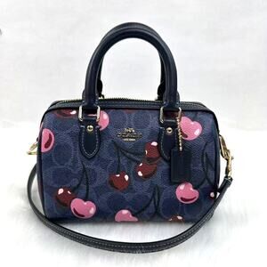 Coach Mini Rowan xbody Bag Signature Canvas Cherry Print Gold/Denim Blue CY741